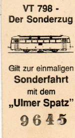 Verschiedene/160031/fahrkarte-des-ulmer-spatz-ulm-im Fahrkarte des Ulmer Spatz, Ulm im September 1998.
