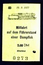 Verschiedene/53503/die-gelegenheit-eine-kurze-strecke-auf Die Gelegenheit, eine kurze Strecke auf einer Dampflok - und sogar einer BR 44, mitzufahren hatte ich am 10.09.1977 in Rheine zum Dampflokabschied natrlich genutzt und die Karte war es mir wert aufzubewahren.